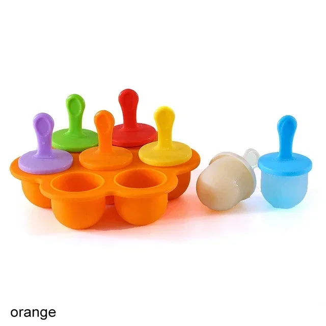 7 Holes Silicone Ice Cream Mould Popsicle Mold Baby Food Storage Box with Lid Fruit Milkshake Manufacturer Home Kitchen Tools Qme Orange