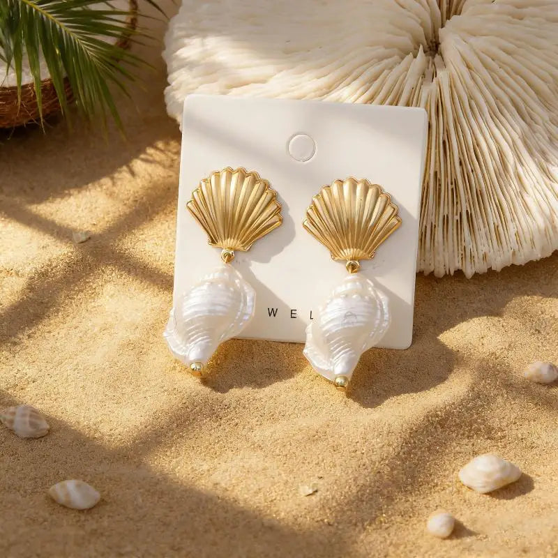 Bohemian Shell Pearl Drop Earrings Gold Plated Ocean Women Beach Qme A2