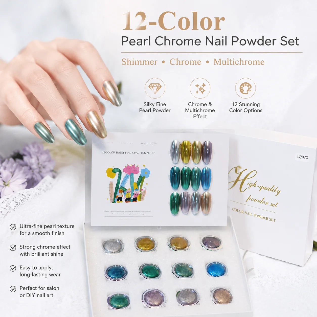 12-color Green Nail Polish Mirror Powder Includes Chart Storage Box Qme