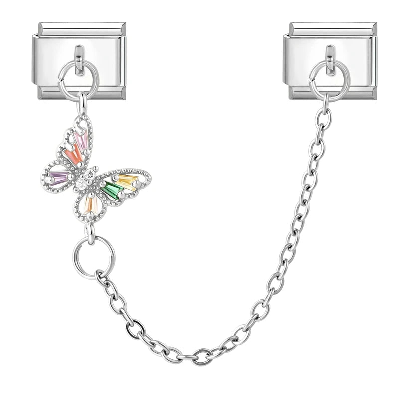 Peach Shiny Zircon Horse Swan Tassel Chain Italian Charm Links Fit 9mm Stainless Steel Bracelet Women Jewelry DIYMaking Gift Qme S 10