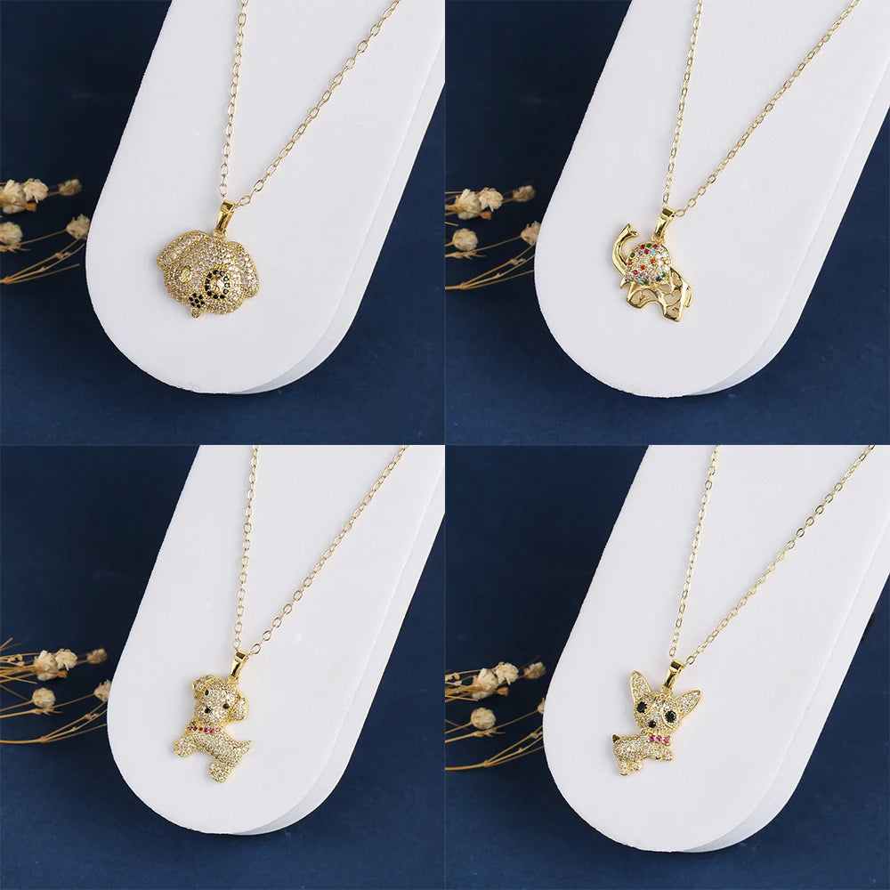 9 Style Luxury Shiny Zirconia Animal Puppy Elephant Leopard Pendant Necklace for Man Woman Party Gold Plated Jewelry Daily Wear Qme