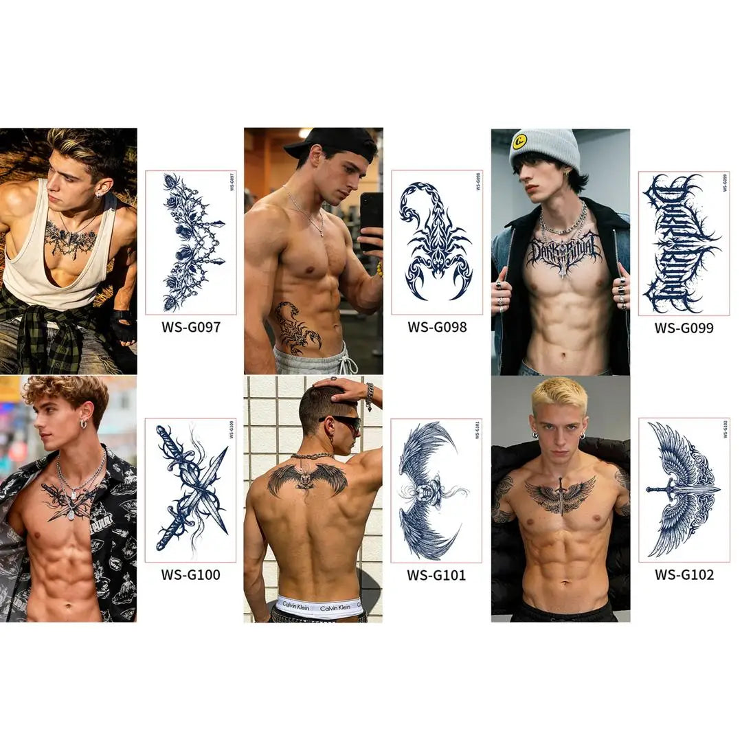 A Long Lasting Cyan Thorn Fake Tattoo Stickers 4/6/9Pcs, Non-Reflective Waterproof Temporary Decals for Belly Chest Back Waist Qme 6pcs WS-G097G102