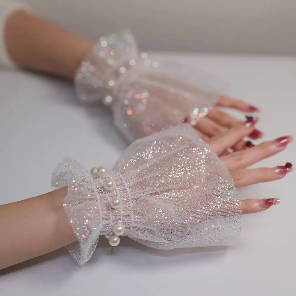 Short Length Wrist Fake Sleeves Tulle Sequin Nail Art Background Qme