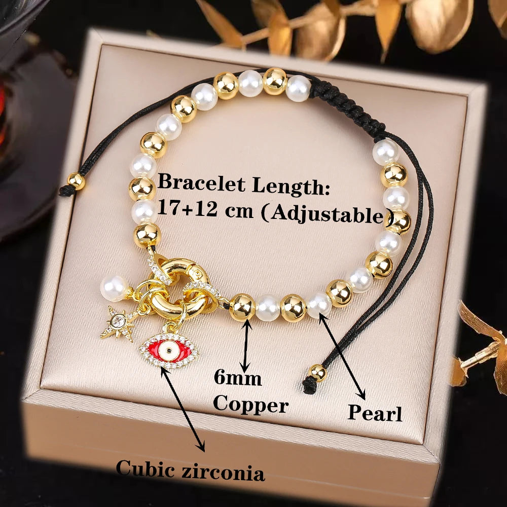Black Rope Braided Pearl Evil Eye Copper Bead Chain Bracelet Personalized For Man Woman Birthday Holiday Jewelry Prayer Gift Qme
