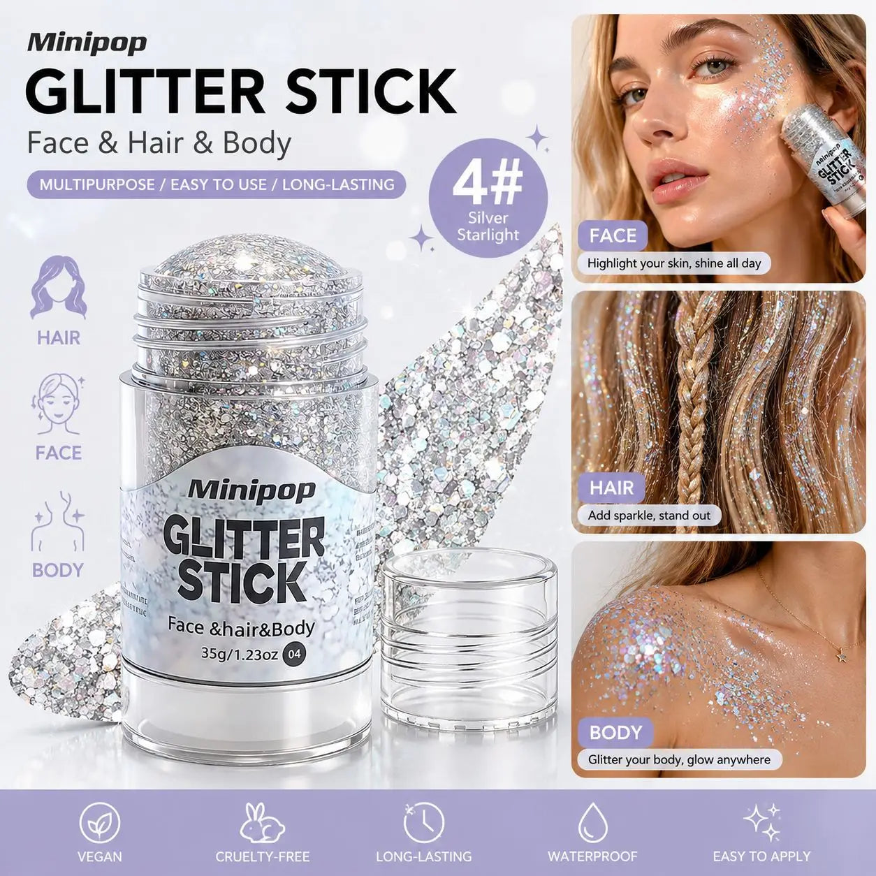 Aurora White Glitter Sequins Stick Face Hair Body Glitter Gel Waterproof Long Lasting Green Purple Shimmer Makeup Party Cosmetic Qme 04 35g