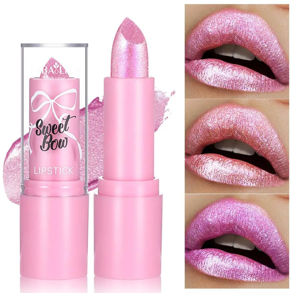 Metallic Pink Glitter Lipstick Long Lasting Shine Diamond Nude Qme