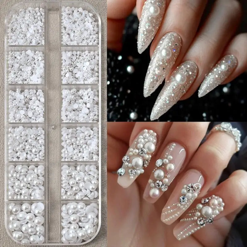 12 Grid Mixed Flat Bottomed Pearl Half Round Rhinestones Nail Jewelry Qme
