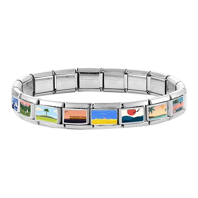 Fashion Colorful Scenery Boat Swan Lake Snow Mountain Charm Italian Link 9mm Bracelets Bangle Stainless Steel DIY Making Jewelry Qme