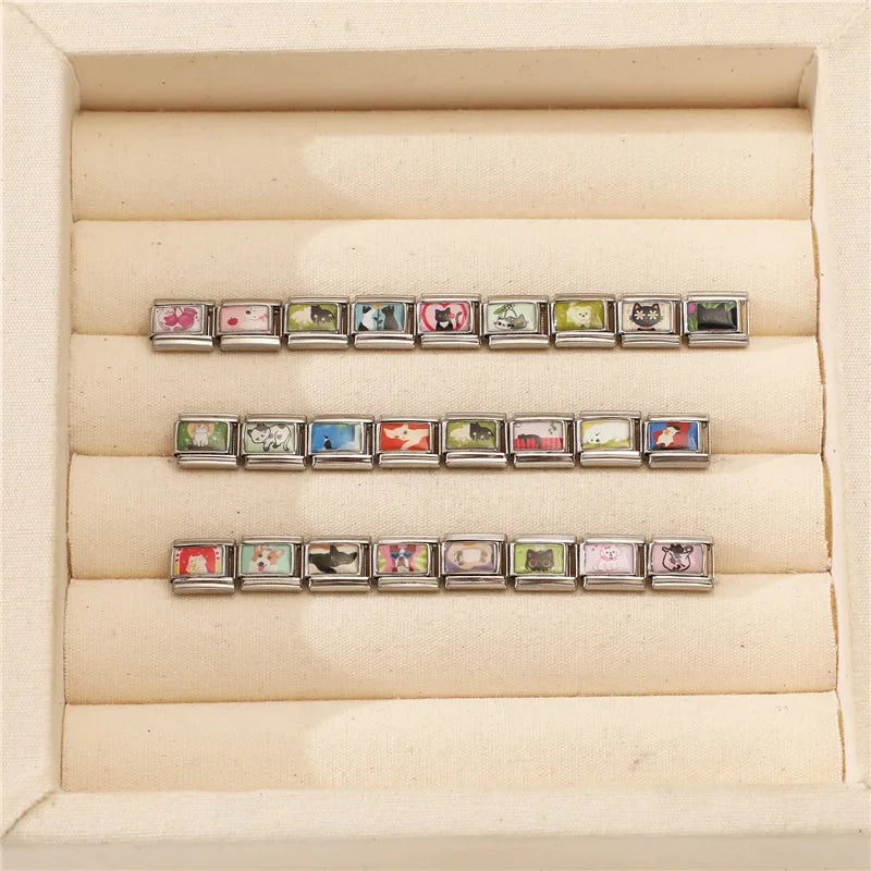 Wholesale Cartoon Green Grassland Cats Sunflowers Fields Italian Link Fit 9mm Stainless Steel Bracelet Making DIY Charm Jewelrys Qme