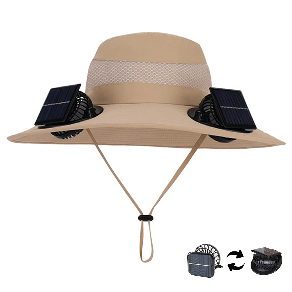 For Outdoor Camping Fishing Hiking Sunscreen Fisherman Hat Solar Fan Cap Portable Solar Charging Cap with Fan Suitable Qme Khaki pure color