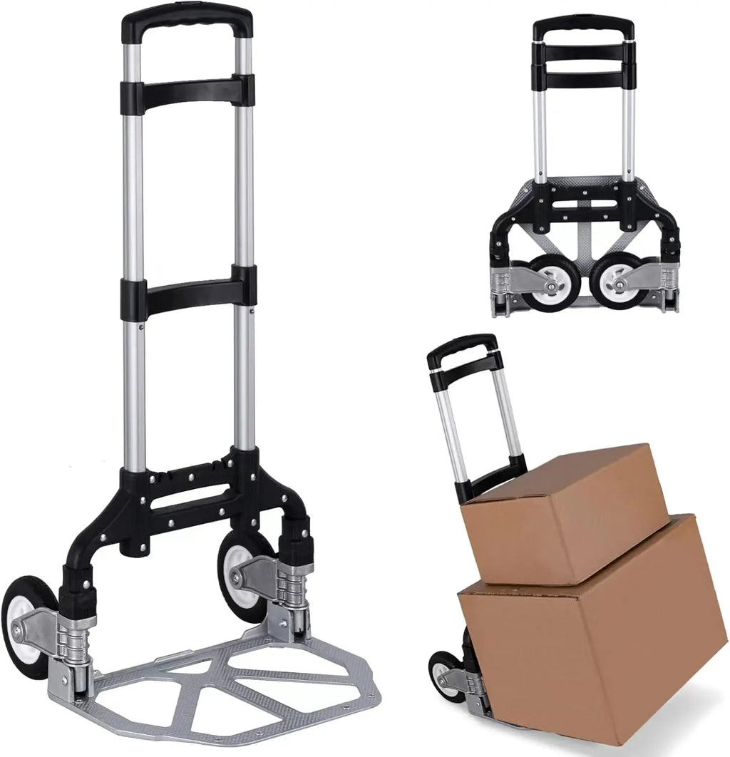 Folding Hand Truck, Heavy Duty Luggage Cart, Lightweight Portable Aluminum Luggage Cart with Telescoping Handle 165 lbs Capacity Qme black