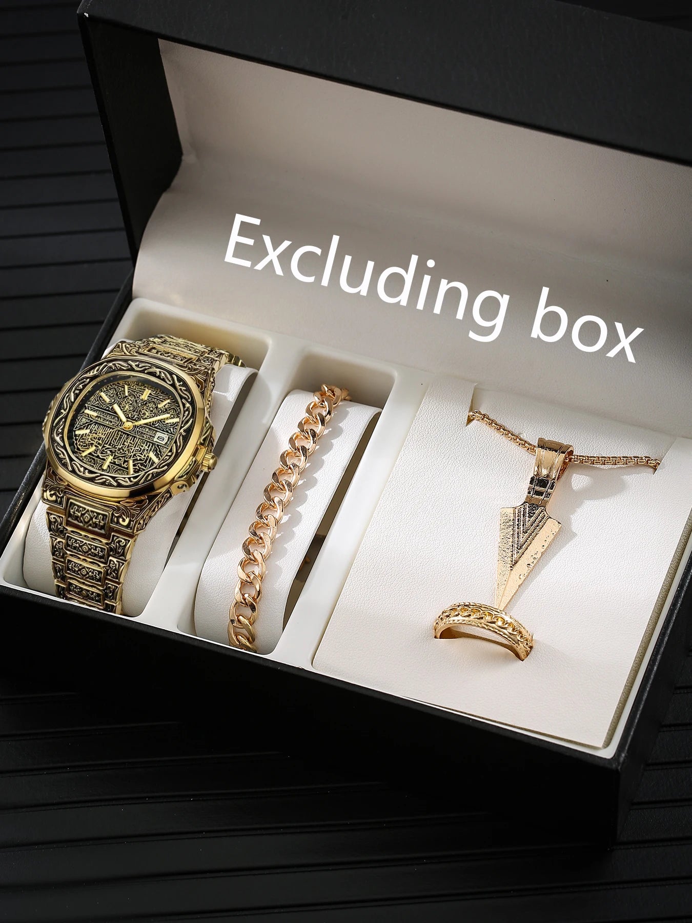 4Pcs Vintage Engraved Gold Men Watch Jewelry Set Qme Other