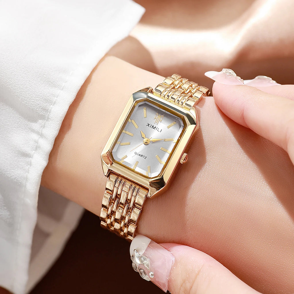 Women Gold Square Quartz Watch Green White Dial Thin Steel Band Wristwatch Qme