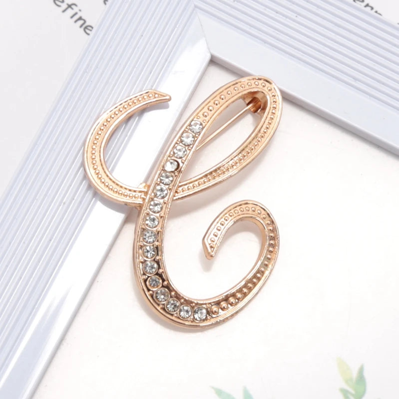 Women Luxury Letter Brooch Pins Gold Rhinestones Crystal English Qme C
