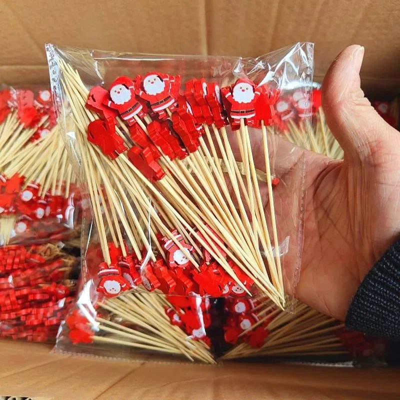 50 Christmas Bamboo Skewer Cocktail Picks Cupcake Topper Disposable Qme