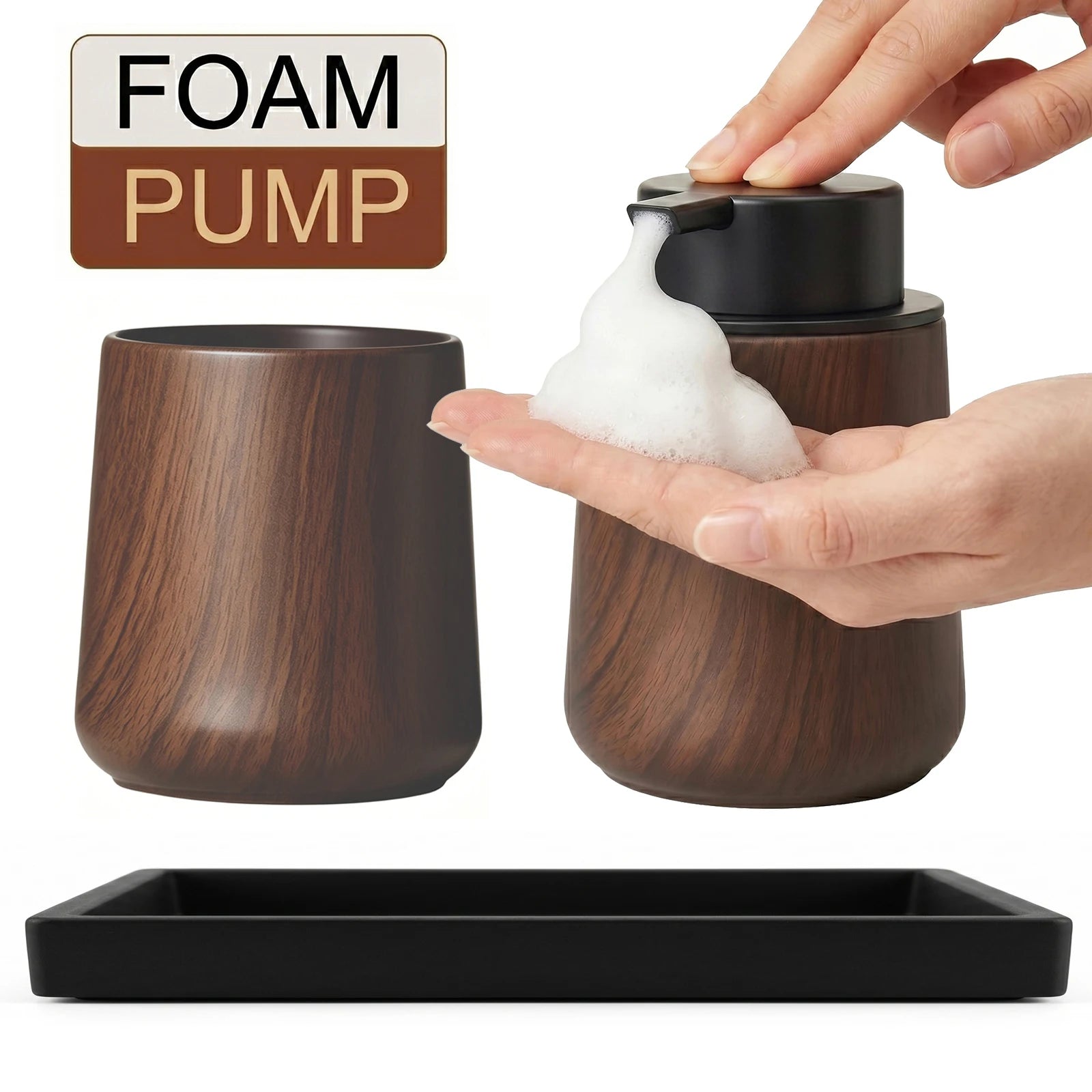 Cotton Lotion Hand Toothpaste Brush Storage Countertop Accessories Walnut Foam Soap Dispenser Bottle Set for Kitchen Bathroom Qme FOAM-SET C