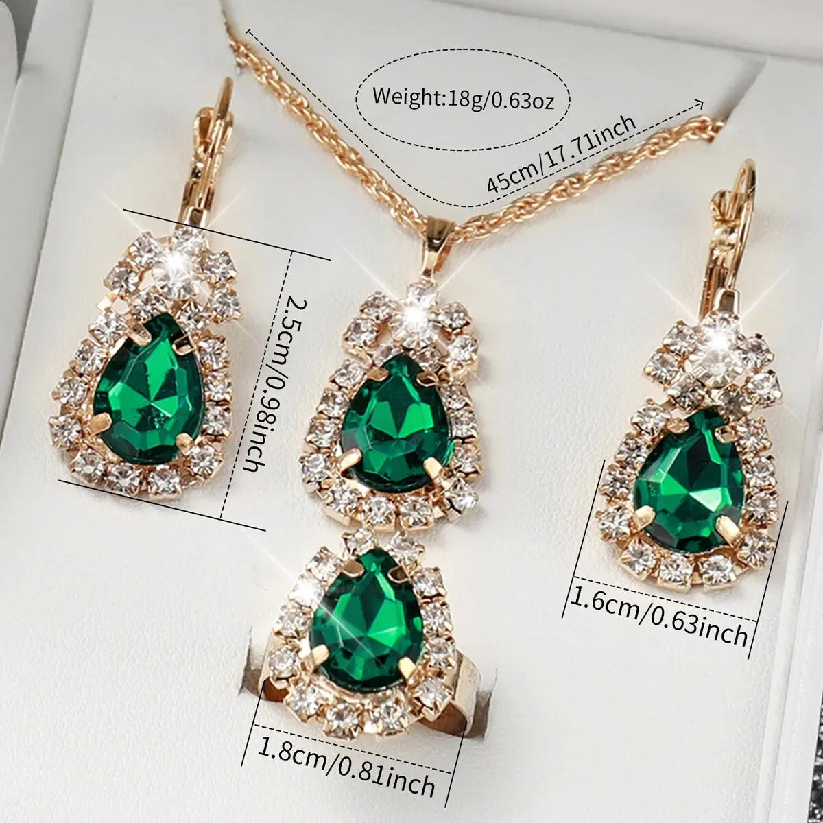 Rose Gold Ladies Green Leather Watch Set Water Drop Emerald Crystal Jewelry Necklace Earrings Ring Party Ornament Kit Qme