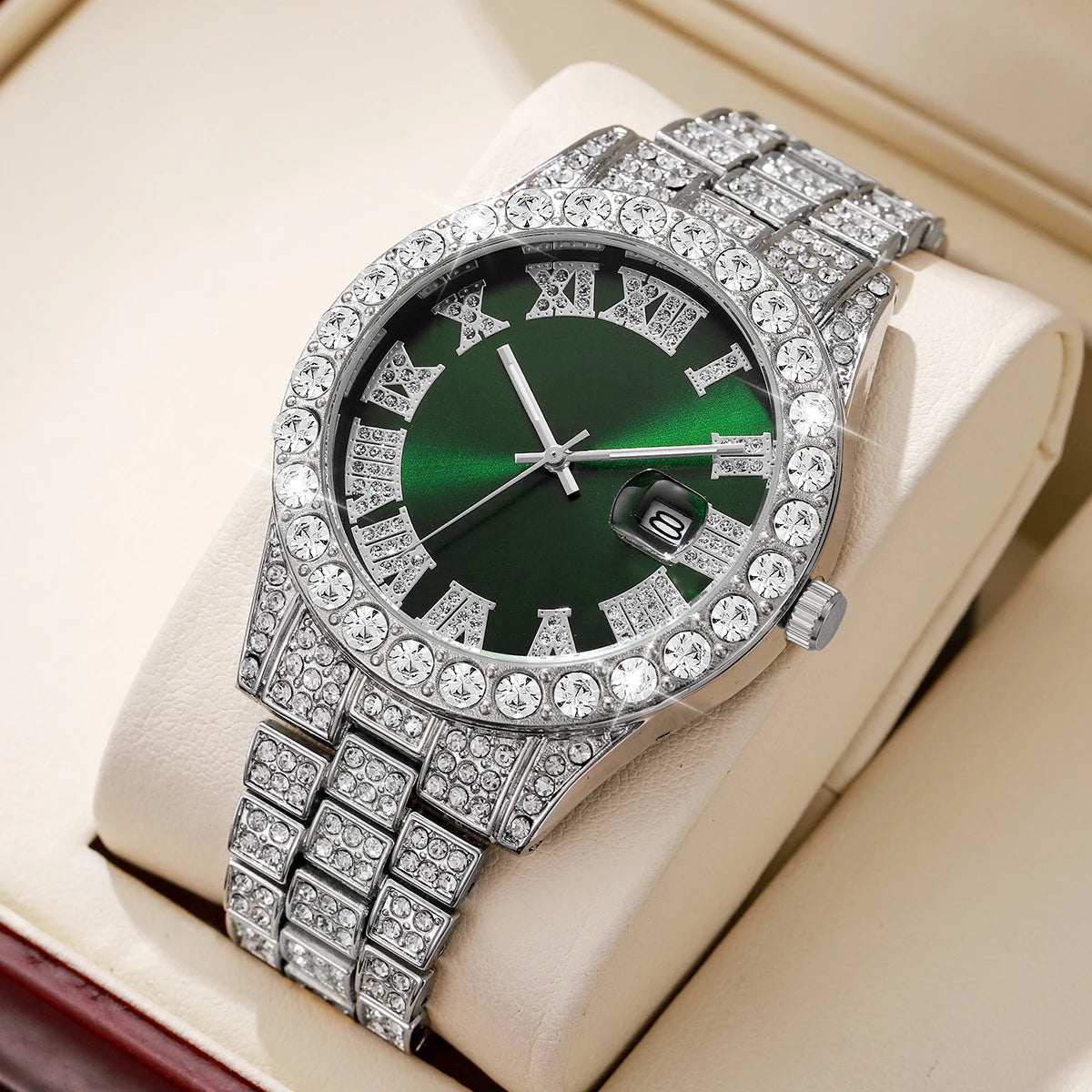 Men's Steel Band Quartz Watch Hip-Hop Business Steel Band Calendar Full Diamond Men's Watch Qme Silver Green No Box