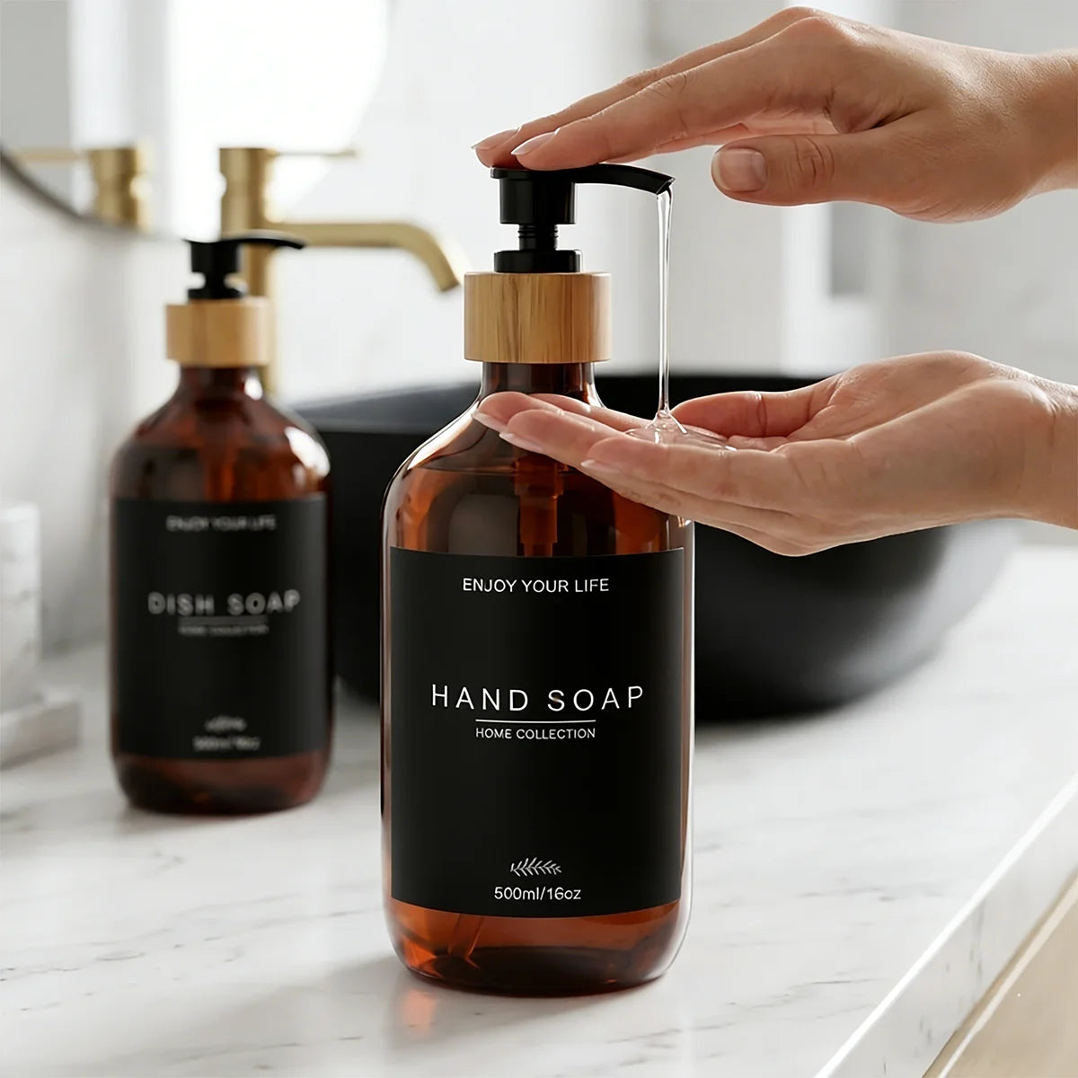 Refillable Amber Plastic Soap Dispenser with Bamboo Pumps Shatterproof Bottles for Shampoo Conditioner Body Wash Hand & Dish Qme