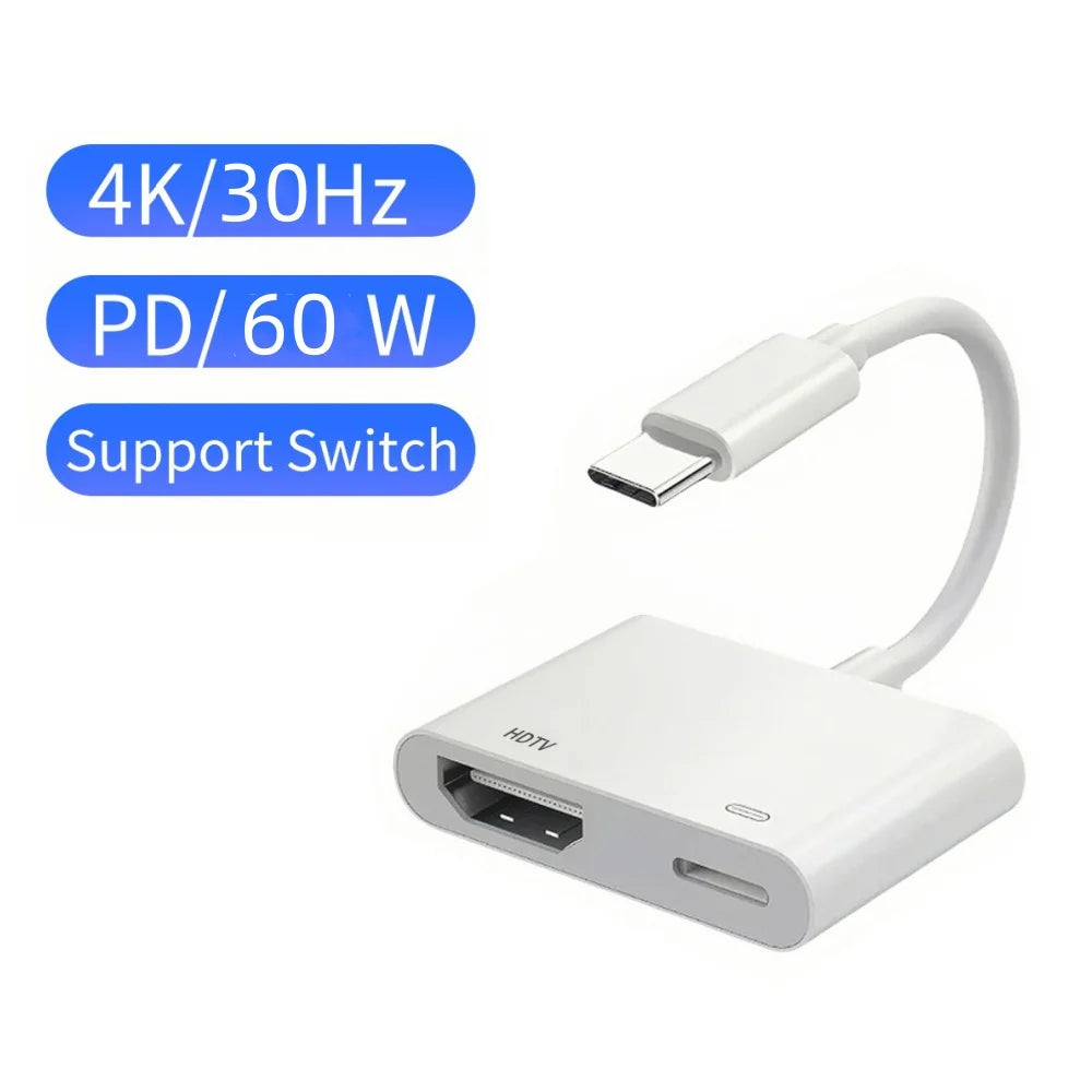 USB C/Type-C to HDMI+USB C/Type-C Digital AV Adapter 4K Video Audio 60Hz 30Hz Converter For iPhone to HD TV Projector Monitors Qme White 30HZ