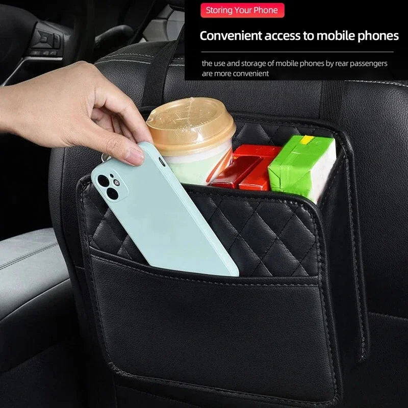 Car Seat Back Storage Bag Leather Auto Organizer Trash Can Holder Qme