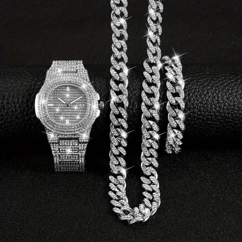 Quartz Watch Fashion Luxury Diamond Set Quartz Watch Business Style Large Dial Men's Watch Watch+Hip Hop Chain Qme Silvery No