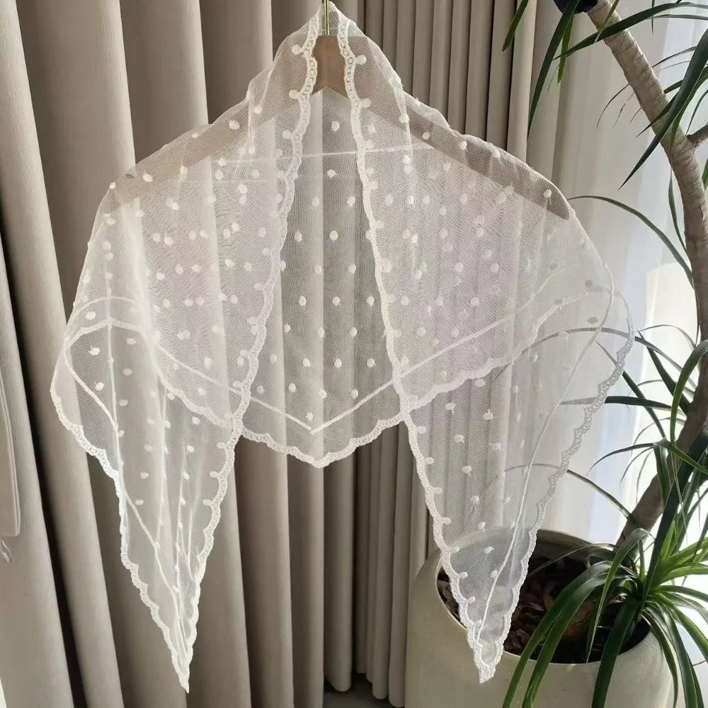 Lace Polka Dot Triangle Shawl Lightweight Breathable Head Scarf Qme White Polka Dot