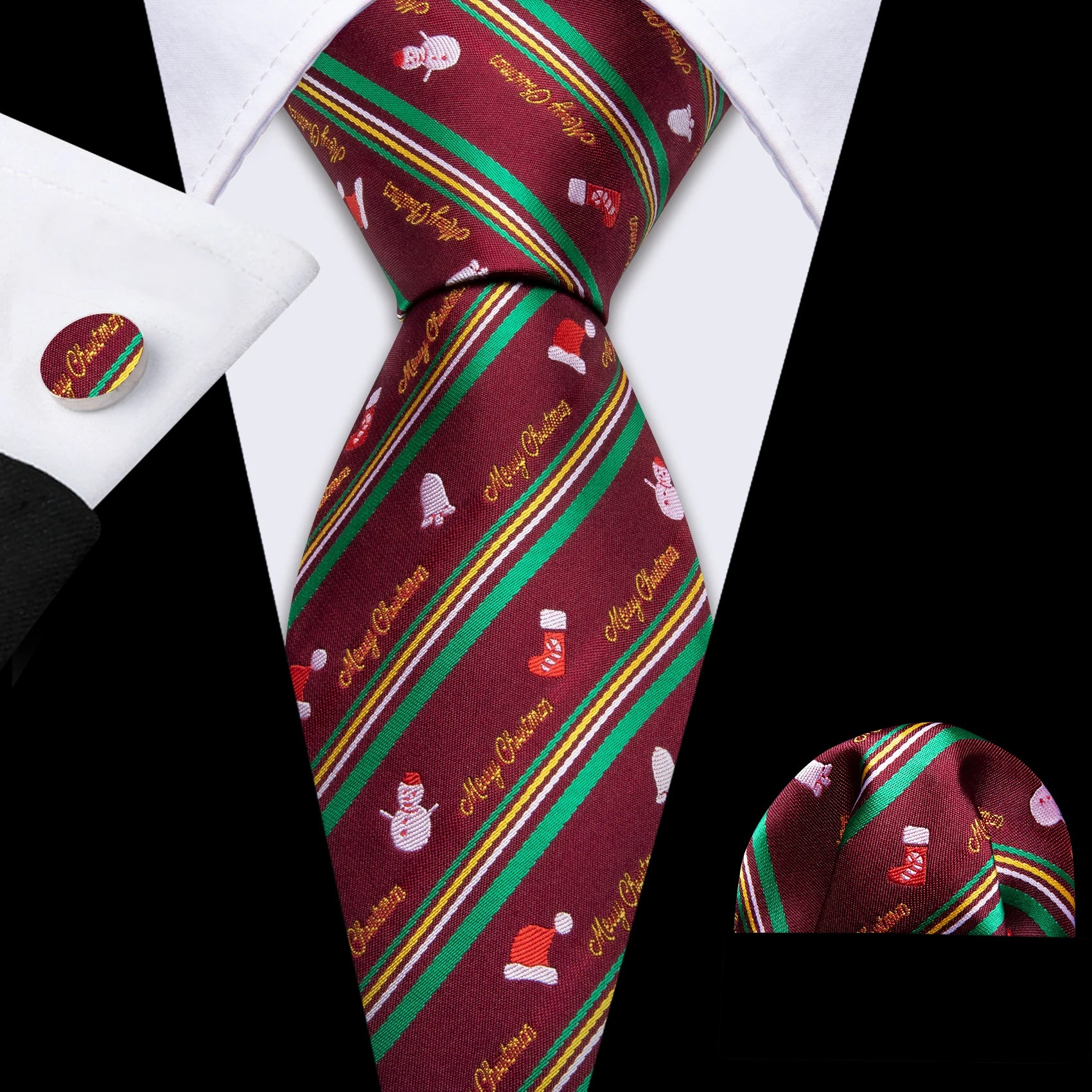 Christmas Red Tie Set 3 Pieces Men Necktie Pocket Square Cufflinks Xmas Wedding Party Suit Accessories Gifts for silk Boyfriend Qme LDSN6573