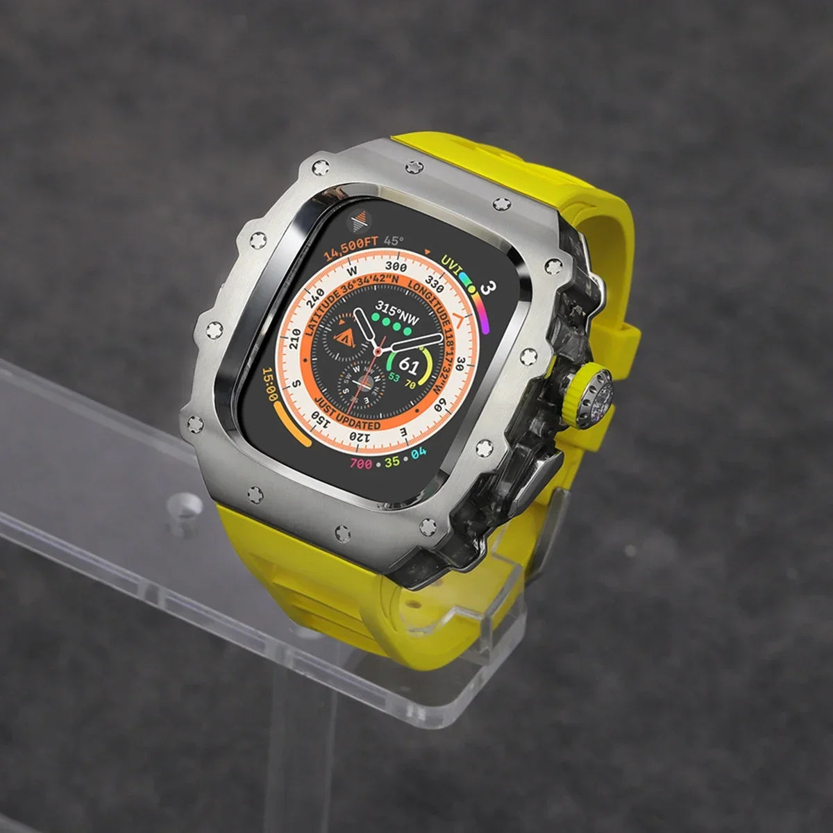 Luxury Modification Kit For Apple Watch Ultra 2 49mm Stainless Steel Case For IWatch 9 8 7 6 45mm 44mm Crystal Button Sport Band Qme Yellow-BTr 49mm-For ultra 2 1