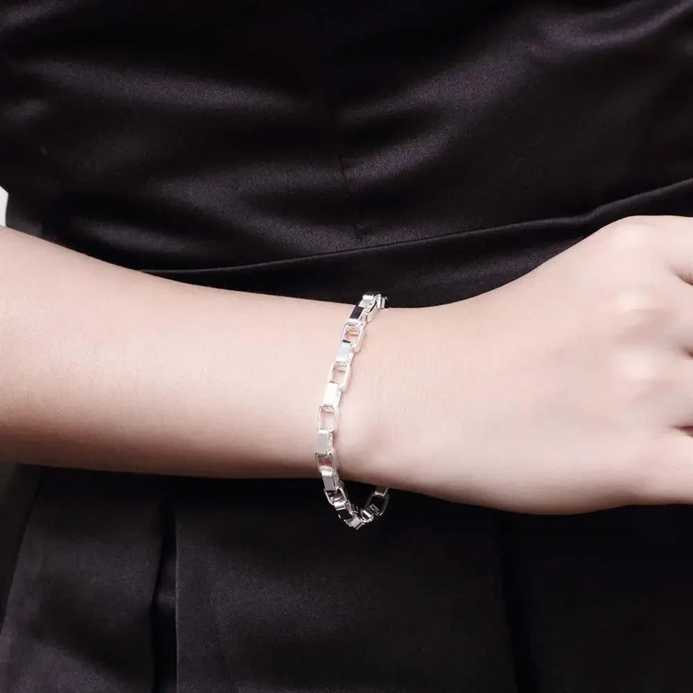 Hot new 20cm 925 Sterling silver Classic long Square chain men's Bracelets Wedding party Wild Christmas Gift fashion Jewelry Qme