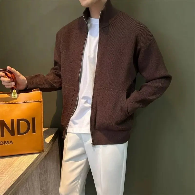 Men's Versatile Solid Zip-up Cardigan Slim Fit Stand Collar Sweater Qme
