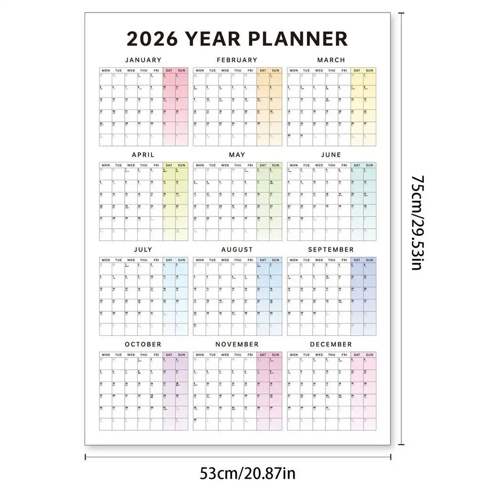 2026 Yearly Wall Calendar 12-Month Large Date Planning Tool Vertical Wall Calendar for School Dormitory Bedroom Study Classroom Qme as shown