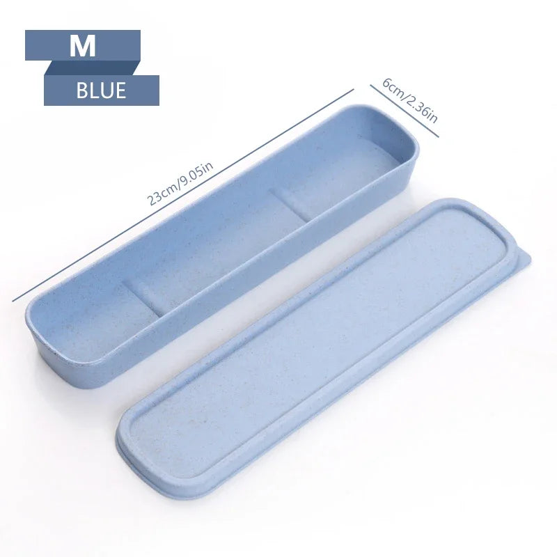 Portable Travel Tableware Eco-friendly Storage Box Case Food Grade Dinnerware Kitchen Fork Spoon Box Kid Cutlery Set Organizer Qme 23CM Blue