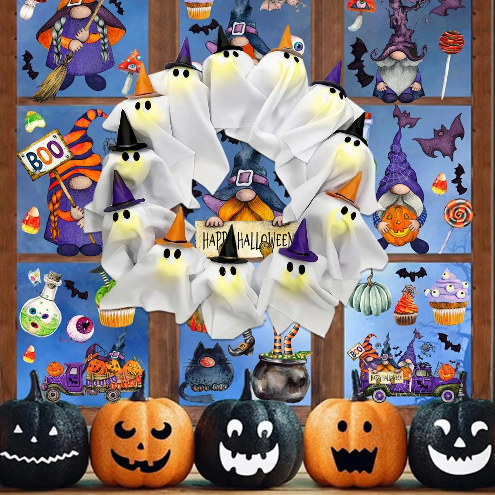 Ghost Wreath 12-LED Ghost Halloween Front Door Decoration Cute Scary Decor Home Party Decoration for Balcony Wall Lawn Patio Qme
