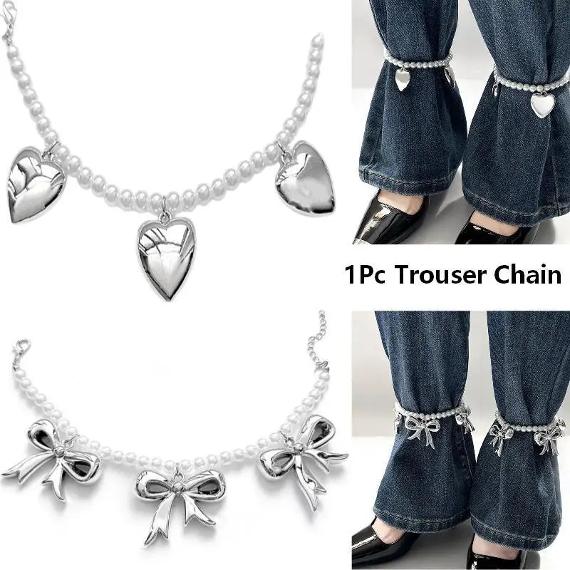 Heart Bow Charm Anklet Trouser Chain Imitation Pearl Beaded Ankle Chain Adjustable Foot Jewelry Women Girls Fashion Accessories Qme