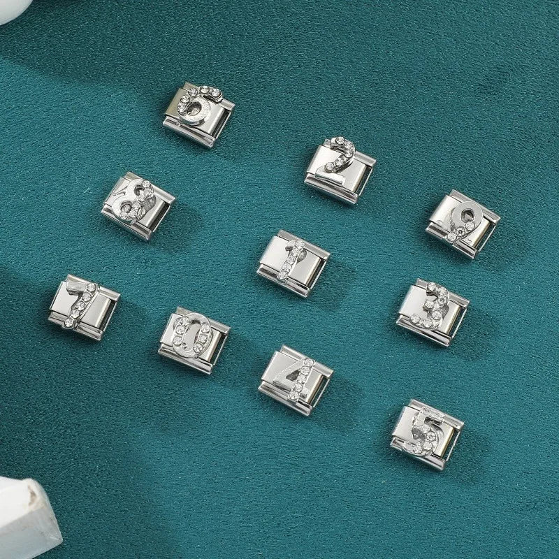 Hot Selling Shiny Zircon Numbers 0-9 Italian Charm Link 9mm Stainless Steel Modular Bracelet Jewelry Accessories DIY Wholesale Qme