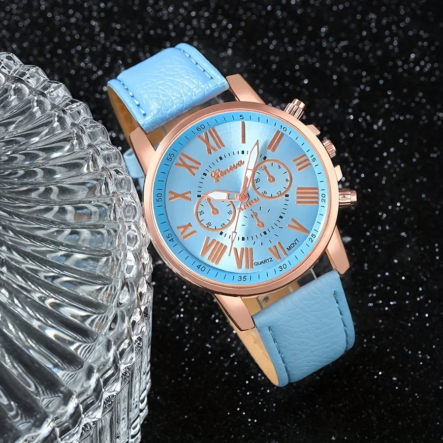 Women's Quartz Watch Set, 5 Pieces, Paired with Blue Butterfly Jewelry, Zinc Alloy Round Case, PU Leather Bracelet Qme