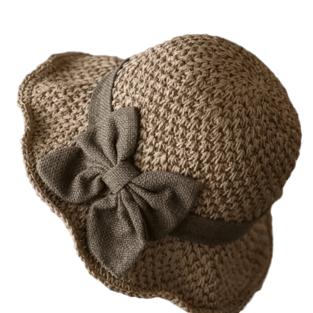 Vintage Wide Brim Beach Straw Hat Bowknot Breathable Sunshade Bucket Qme Khaki Brim 10cm