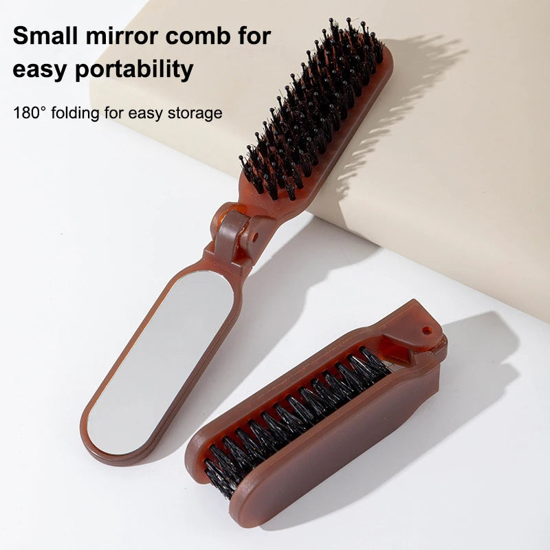 Mane Bristle Hair Brush Salon Foldable Portable Comb Mirror Pocket Qme