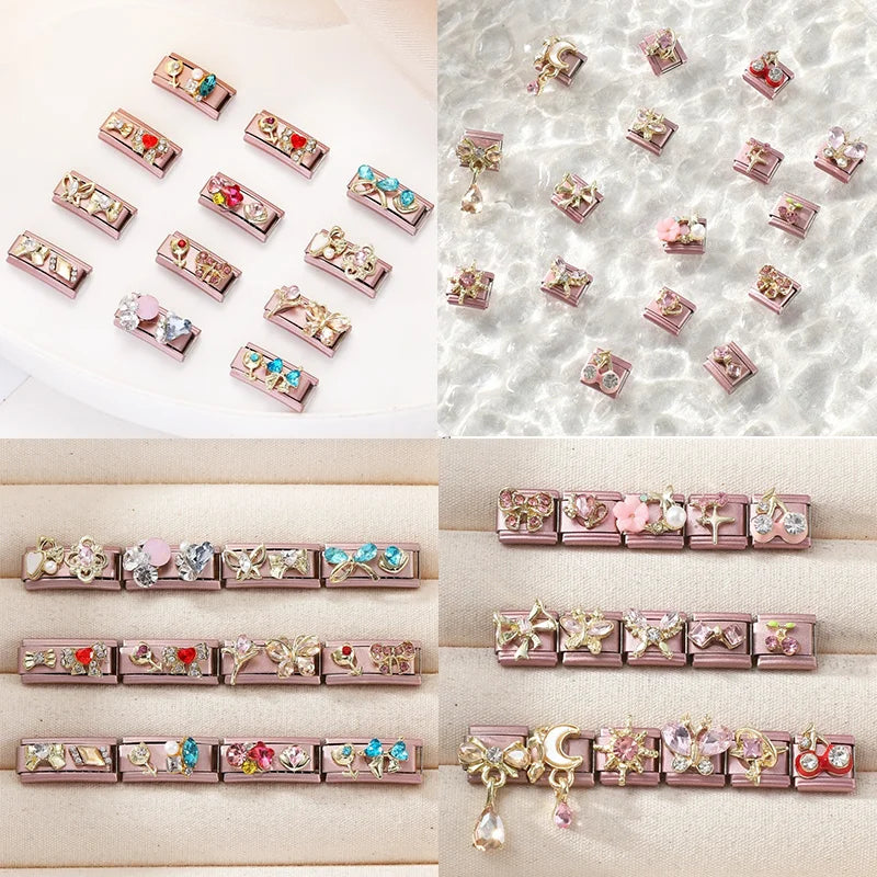 Shiny Colorful Zircon Bowknot Butterfly Garland Italian Charm Links Fit 9mm Stainless Steel Bracelet Women Y2K DIY Making Gift Qme