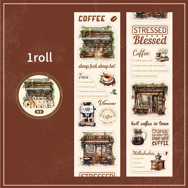 Vintage Coffee Themed PET Washi Tape, Aesthetic Decor for Junk Journals, Notebooks & DIY Art Crafts Qme B