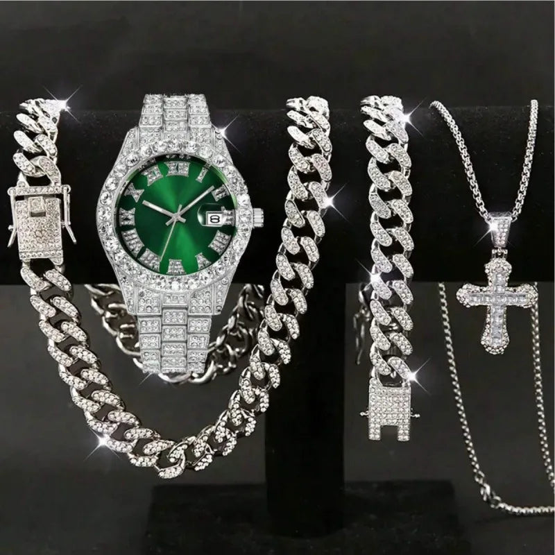 New tricolor watch set with diamonds, Cuban necklace bracelet, and cross four piece large dial Qme