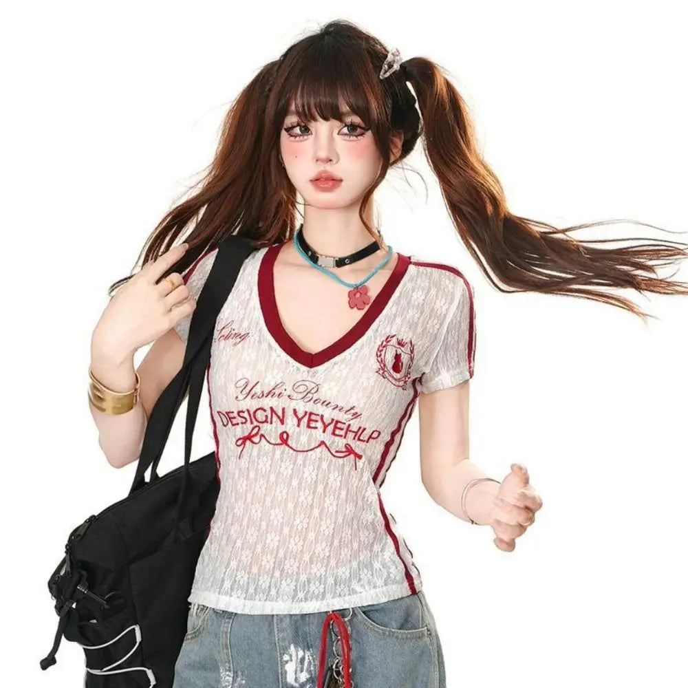 Micro Transparent V-neck T-shirt Short Sleeved Slim Fit Letter Qme