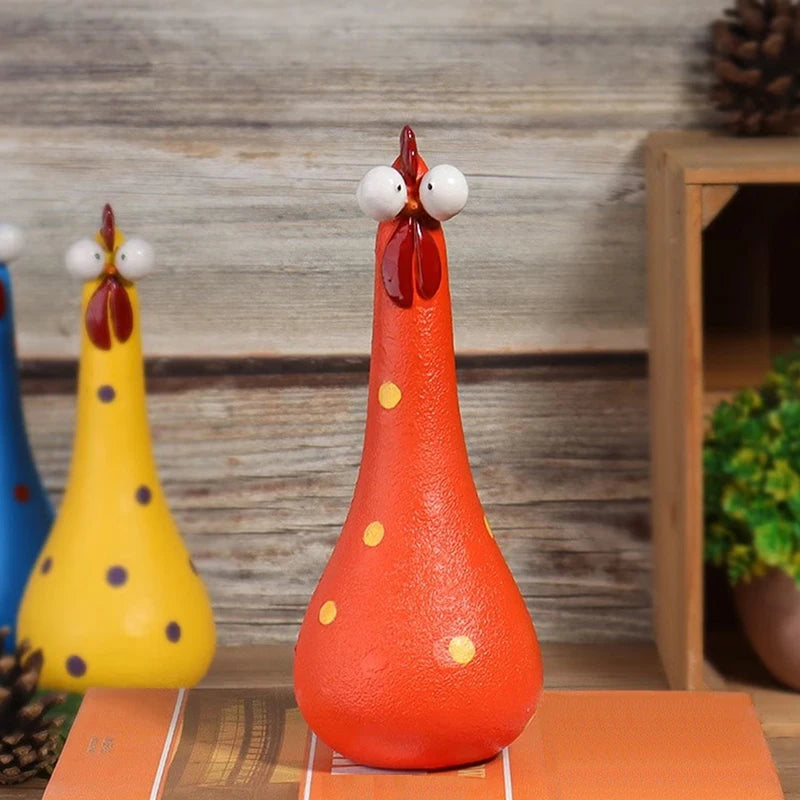 Quirky Big-eyed Chicken Figurine Colorful Polka Dot Resin Statue Long Qme