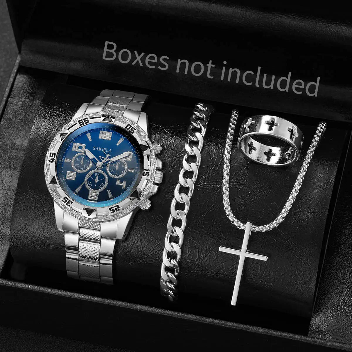 4PCS Blue light glass men's business watch with steel strap, quartz watch, multifunctional digital scale, three eye watch set Qme Silver Black No Box