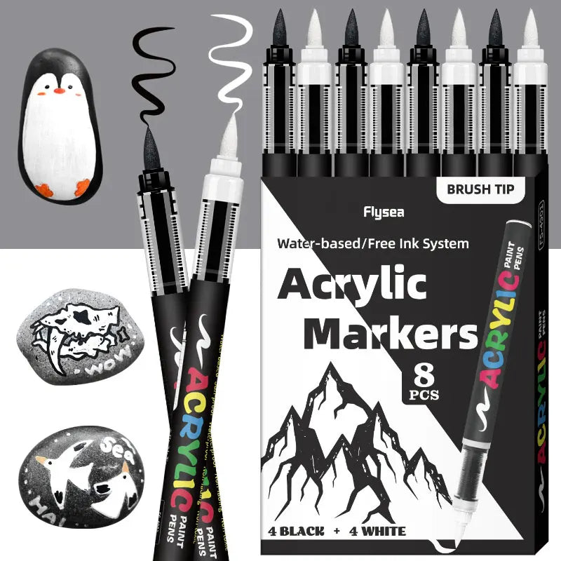 8Pcs Black/White Colors Acrylic Paint Pens Markers Brush Tip Paint Markers for Rock Painting Wood Stone Glass Gift DIY Crafts Qme