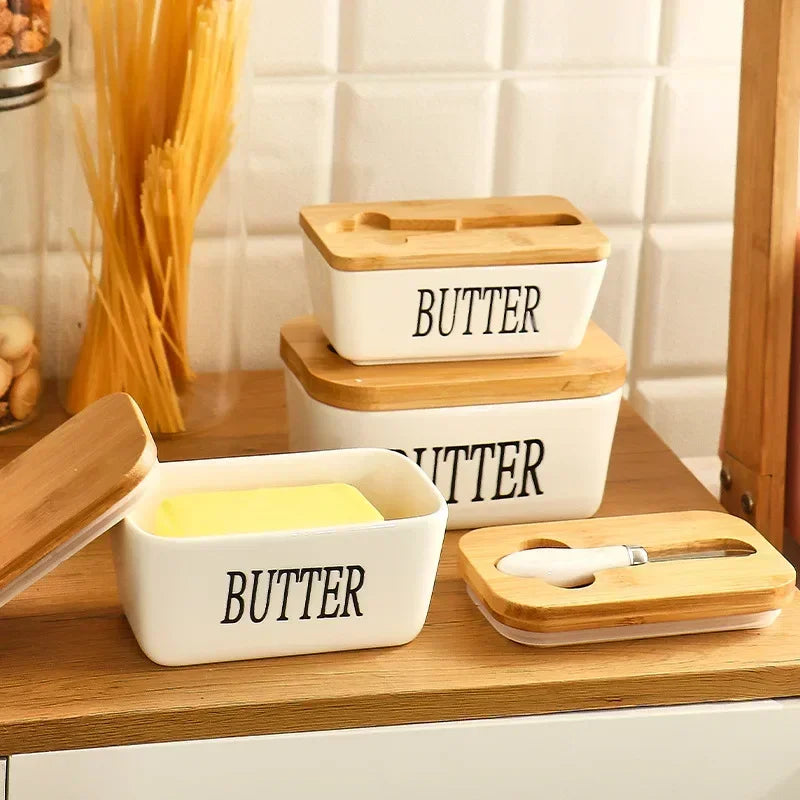Ceramic Butter Container Box Restaurant Sealed Storage Box Cheese Box with Knife Bamboo Lid Butter Slicer Butter Dish Tableware Qme