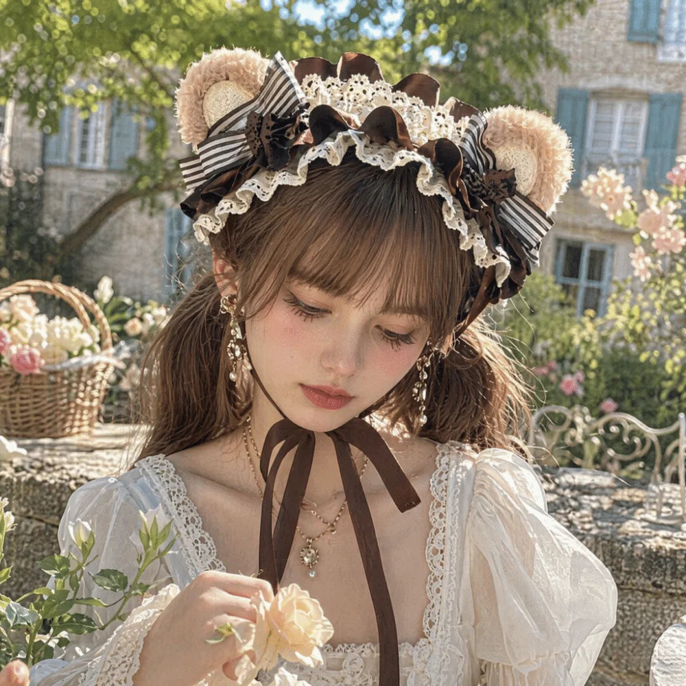 Adjustable Bear Ear Cookies Headband Sweet Lace-up Lolita Hair Hoop Qme
