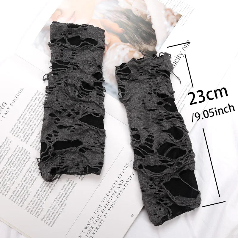 1Pair Broken Slit Gloves Punk Gothic Black Fingerless Unisex Hole Qme