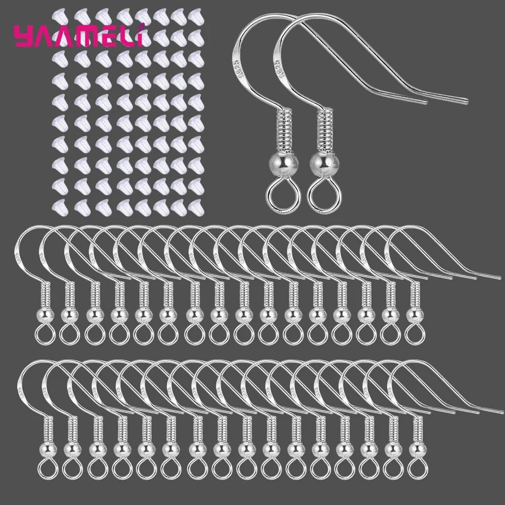200PCS France Hook Earring 925 Sterling Silver DIY Jewelry Making Components Earwires Findings with Rubber Ear Plug Back Stopper Qme Model 2